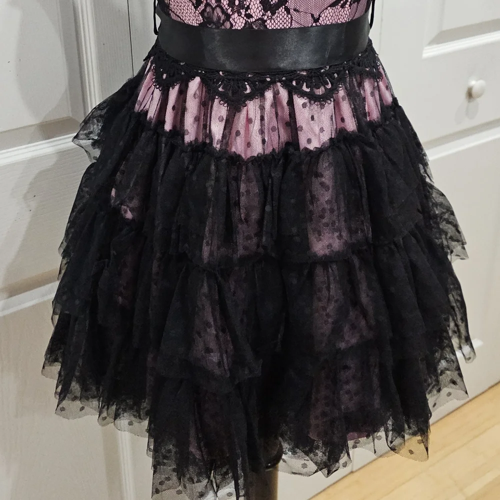 Dolls Kill Unholy Goth Rehearsal Party Pink Black Tiered Lace Mini Dress XS - Picture 5 of 9